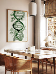 Green botanical DNA double helix illustration with winding vines and flowers on white background, in a styled room mockup