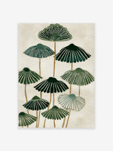 Stylised green botanical fan shapes with radiating lines on a cream background, abstract nature art print