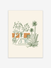 Green botanical garden line art print with stylised trees, spiky plants, and orange blocks on cream