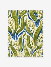 Green botanical leaf art print with blue and yellow lily of the valley stems on white