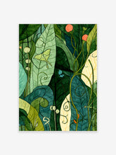 Green botanical art print with a pale luna moth, blue butterfly, curling tendrils and broad jungle leaves