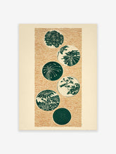 Japanese botanical wall art print with six green circular motifs on a textured brown background.