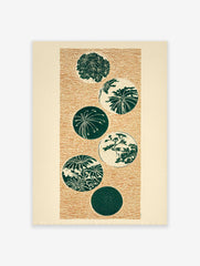 Japanese botanical wall art print with six green circular motifs on a textured brown background.