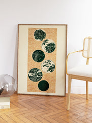 Japanese botanical wall art print with six green circular motifs on a textured brown background. - Image 2