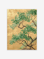 Green botanical tree branches with leaves against a textured gold background in an illustrative art print