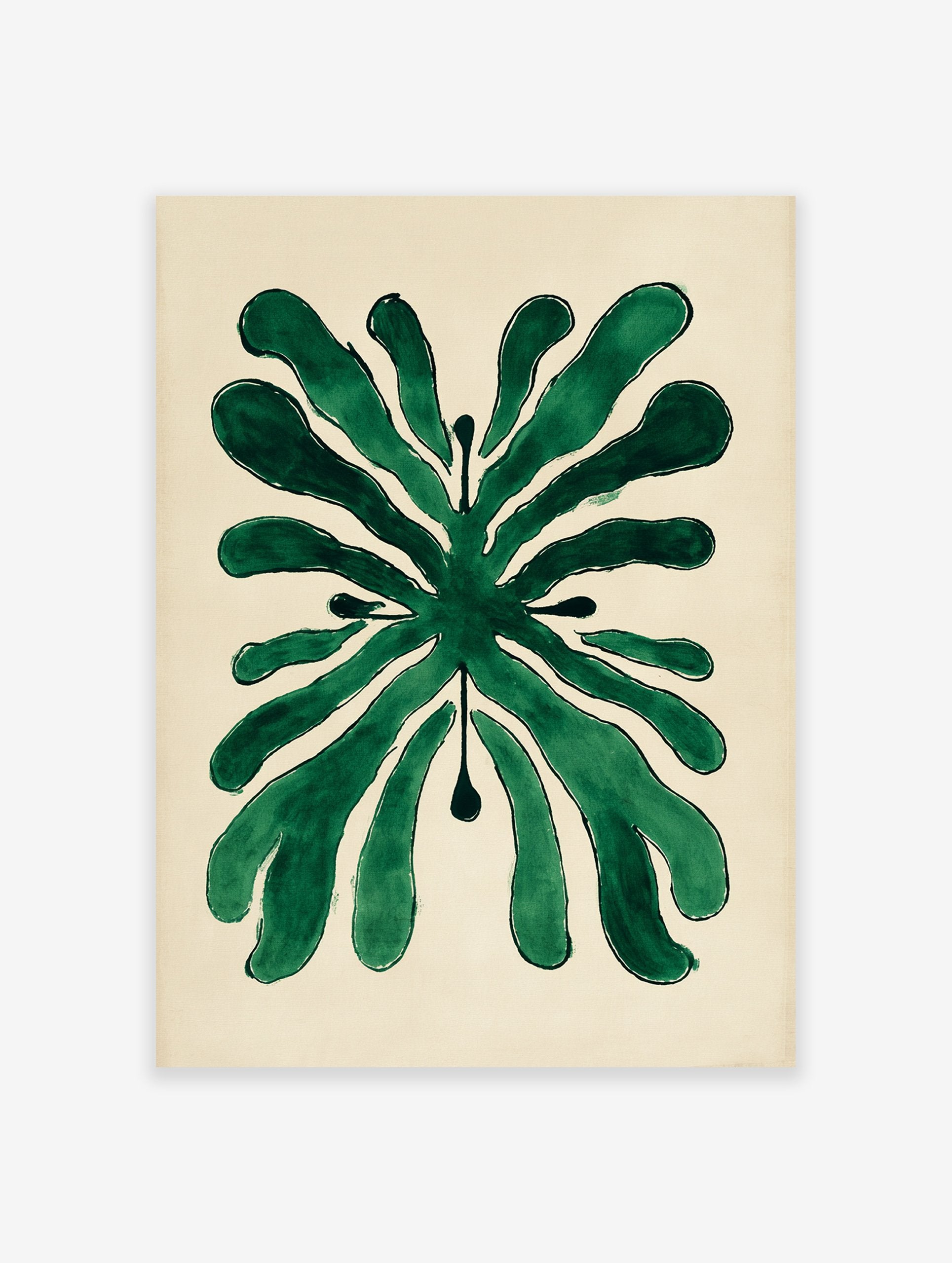 Abstract green botanical leaf illustration art print on a cream background, featuring stylized organic shapes.