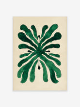Abstract green botanical leaf illustration art print on a cream background, featuring stylized organic shapes.
