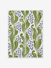 Green vine leaves and blue floral clusters on a white ground, vertical botanical art print