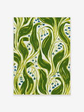 Green botanical art print with bluebell flowers and swirling leaves on white background