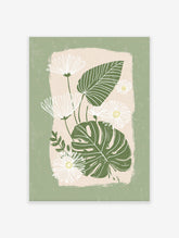 Green botanical wall art featuring white daisies with yellow centers and dark green monstera leaves on a light beige background.