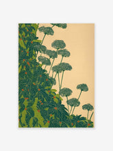 Green botanical wall art featuring lush green leaves and delicate plants in a Japanese illustration style on a light background.