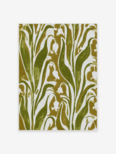 Olive green botanical art print with stylised leaves and bell-shaped flowers on cream background