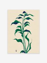 Modern botanical wall art print featuring a tall green leafy plant illustration on a cream background with subtle Japanese characters.