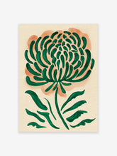 Modern green botanical wall art featuring a watercolor illustration of a stylized flower on an orange background.