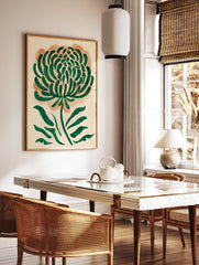 Modern green botanical wall art featuring a watercolor illustration of a stylized flower on an orange background. - Image 2