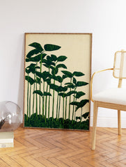 Green botanical wall art print featuring tall tropical leaves in an illustrative style against a light beige background. - Image 2