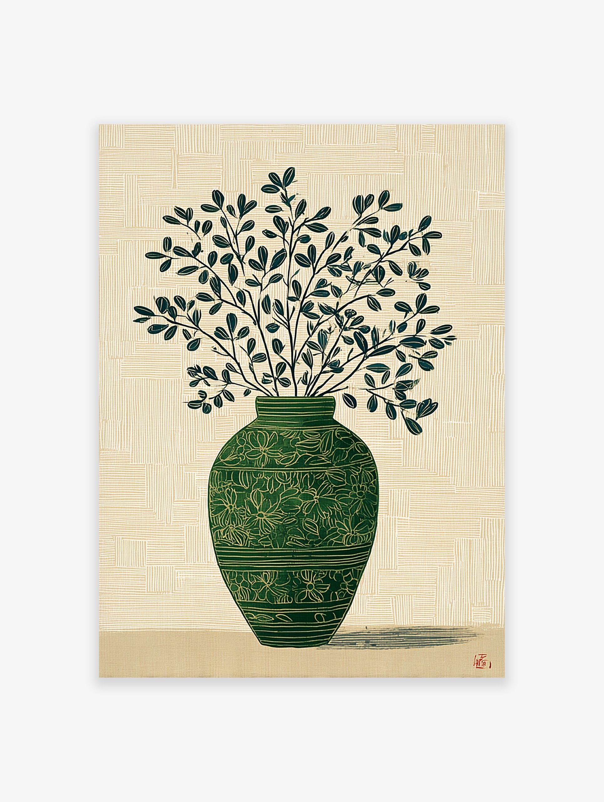 Green botanical wall art print of a vase with leafy branches on a textured light background, with a subtle shadow.