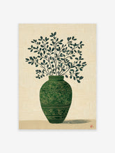 Green botanical wall art print of a vase with leafy branches on a textured light background, with a subtle shadow.