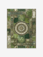 Green botanical wall art featuring an ornate central mandala surrounded by a patchwork of vintage-inspired patterns and textures.