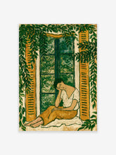 Green botanical poster of a woman seated by a window with yellow shutters and leafy vines