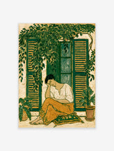 Illustration of a seated woman by green shutters with trailing vines and potted plants