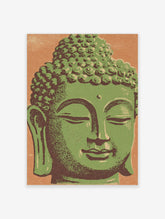 Green Buddha face with closed eyes and textured hair, retro screen-print style poster on orange background