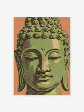 Green Buddha face illustration with closed eyes and textured hair on orange background