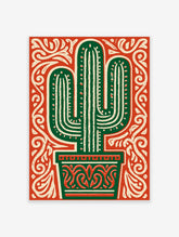 Green saguaro cactus in a patterned pot on a red background with cream swirls, Mexican folk-art style