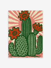 Green cactus art print with red flowers and pink sunburst background