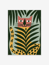Green cat art print with pink face, yellow spotted body, and dark fern leaves on sage background
