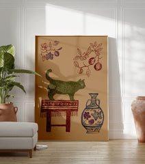 Green cat wall art illustration on a brown background, with a red stool, blue vase, and botanical branches. - Image 3