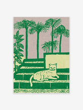 Green cat wall art illustration with a cat lying on steps, surrounded by palm trees and plants on a light purple background.