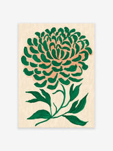 Abstract green chrysanthemum flower botanical art print with thick brushstrokes on a light peach background.