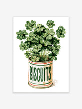 Watercolour green clover plant in a vintage Biscuits tin, botanical poster illustration