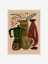 Green coffee pot poster with moka pot, patterned jar, mug, vase, and coffee beans in a retro still life