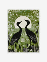 Green linocut style print of two black crane birds facing a white full moon in a wetland with white flowers