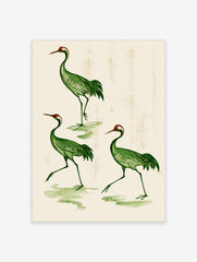 Vintage style illustration of three green cranes with red crowns on a textured cream background