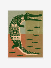 Green crocodile with white folk patterns and small fish on a four-panel earth tone background