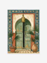 Green arched door with brass lantern and potted palms, framed by blue and white Moroccan tiles