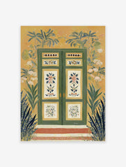 Vibrant green door wall art surrounded by tropical plants and white flowers on a yellow wall with red steps leading up.