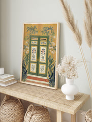 Vibrant green door wall art surrounded by tropical plants and white flowers on a yellow wall with red steps leading up. - Image 3