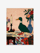 Illustrative green duck standing on a colourful table with a lit candle and flower vases