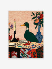 Illustrative green duck standing on a colourful table with a lit candle and flower vases