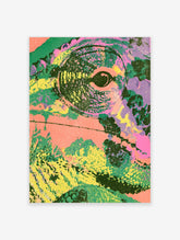 Green and pink psychedelic eye art print with grainy texture and dark pupil
