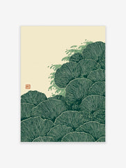 Green fan-shaped leaves or fungi with wave-like splashes in a Japanese woodcut art print style