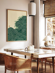 Green fan-shaped leaves or fungi with wave-like splashes in a Japanese woodcut art print style, in a styled room mockup