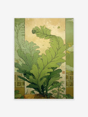 Green fern botanical illustration wall art with unfurling leaves in an Art Nouveau style, light background