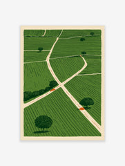 Illustrative green fields landscape wall art with intersecting paths and scattered trees on a textured paper print