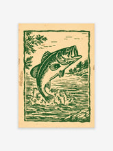 Vintage green illustration of a large bass fish jumping out of water with trees and a lake in the background, fishing art print.