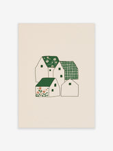 Illustrated green floral house art print with white cottages and gingham roof